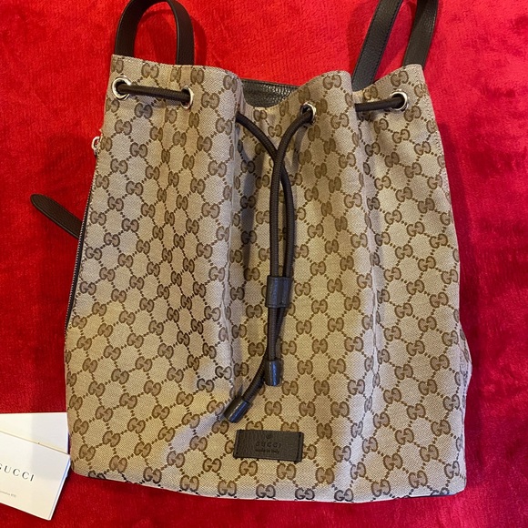 GUCCI Brown Monogram GG Canvas Drawstring Backpack - Picture 5 of 11